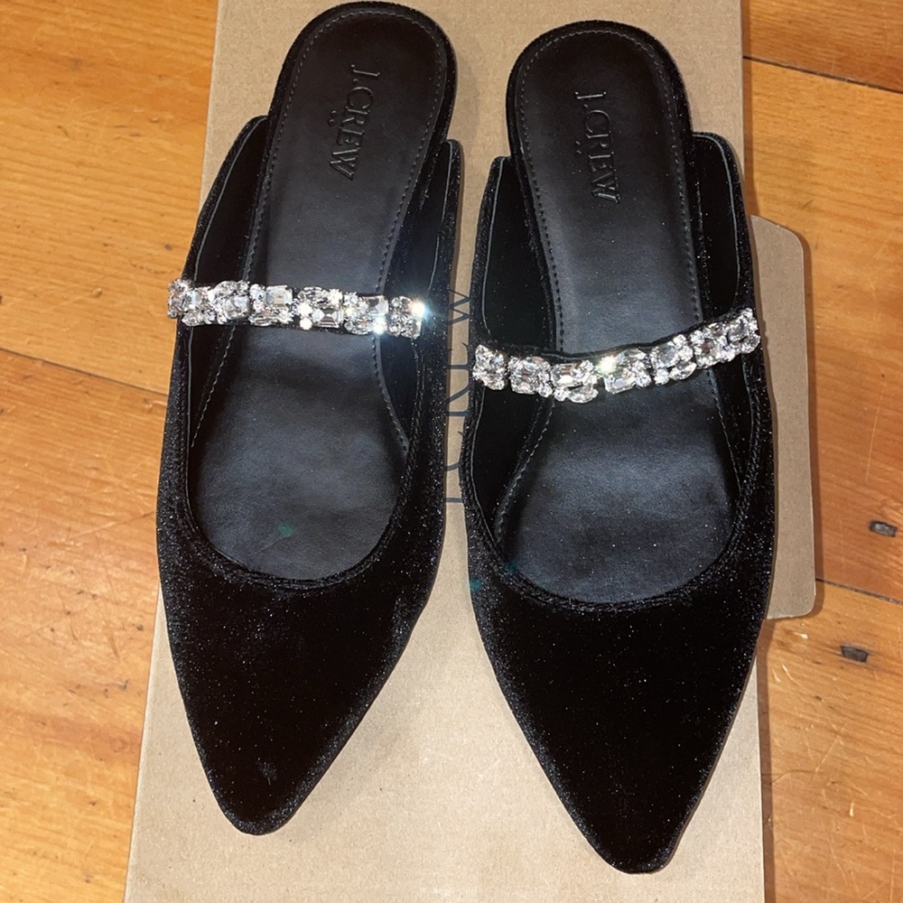 J. CREW Black Velvet Rhinestone Mules Flat Slip on Shoes New Size 8